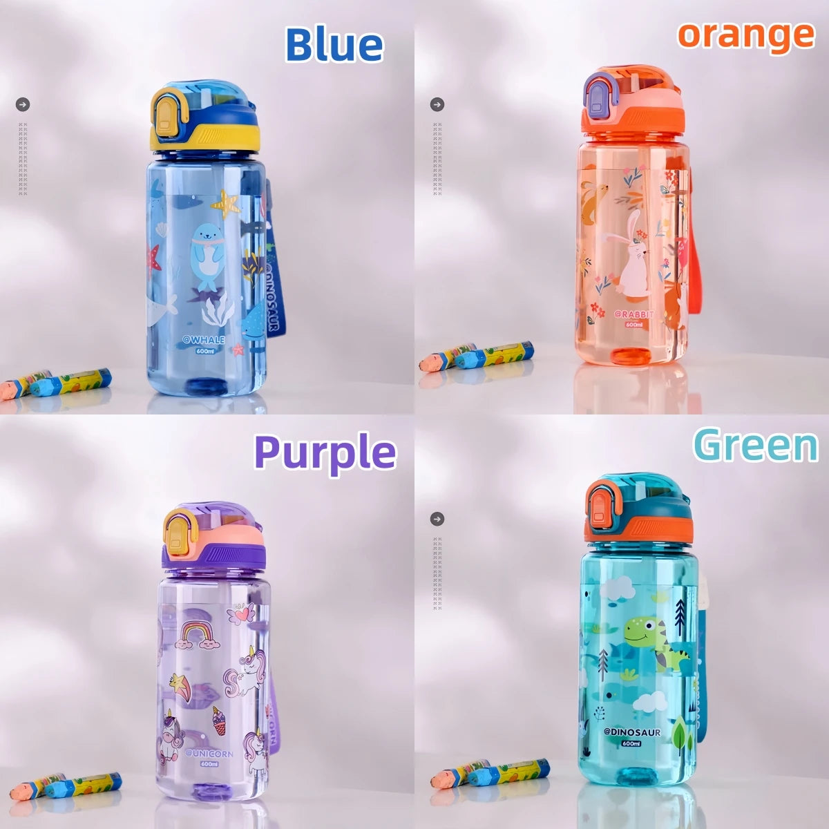600ml Dinosaur Kids Water Bottle with Straw