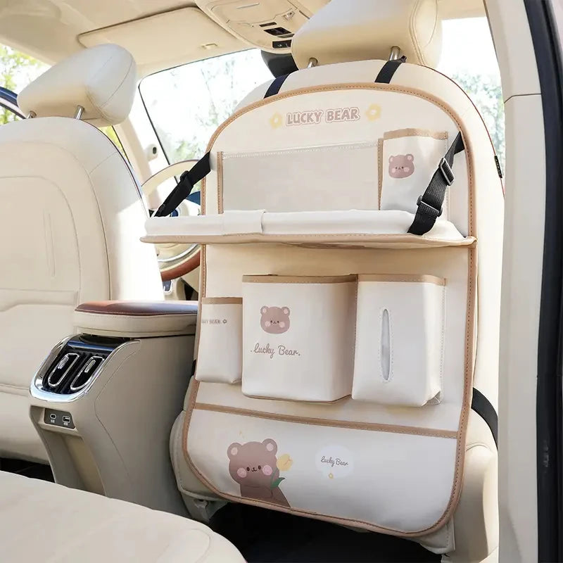 Leather Car Seat Back Organizer Foldable Table Tray Multi Function Storage Anti Kick Pad