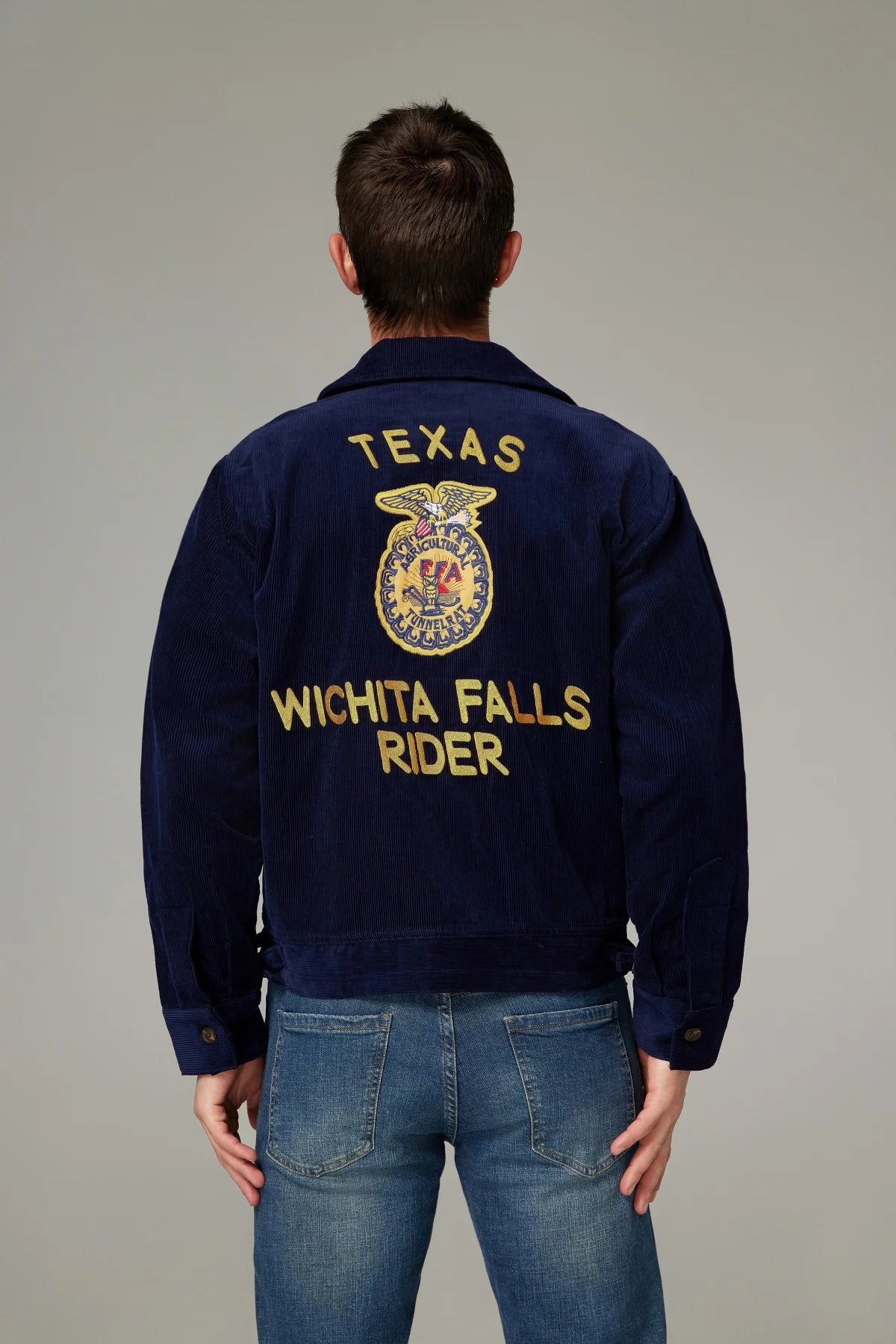 Men Corduroy Bomber Jacket Vintage Detroit Navy Blue Cropped Retro Cotton Workwear Coat Embroidery