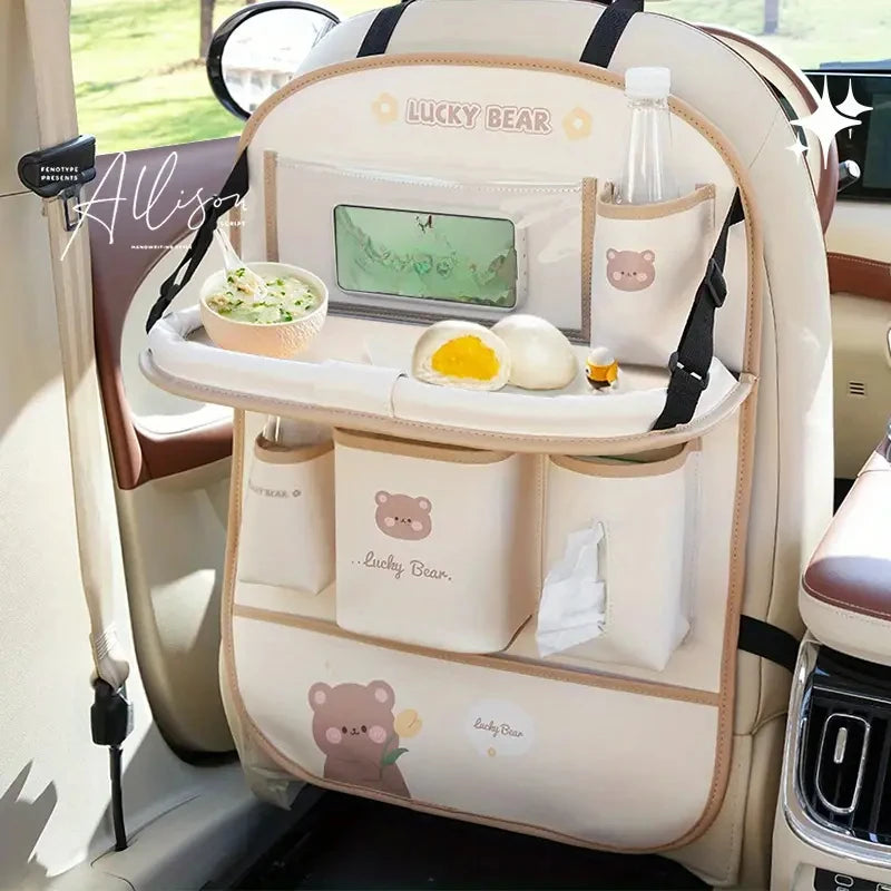 Leather Car Seat Back Organizer Foldable Table Tray Multi Function Storage Anti Kick Pad
