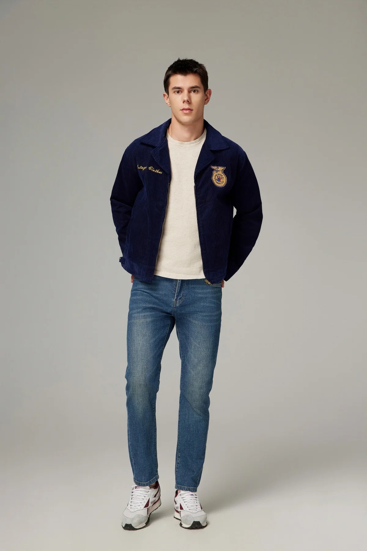 Men Corduroy Bomber Jacket Vintage Detroit Navy Blue Cropped Retro Cotton Workwear Coat Embroidery