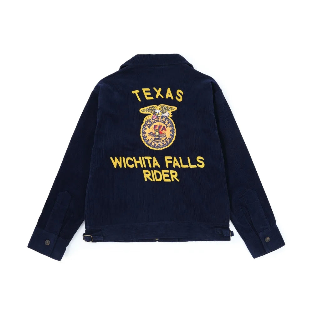 Men Corduroy Bomber Jacket Vintage Detroit Navy Blue Cropped Retro Cotton Workwear Coat Embroidery