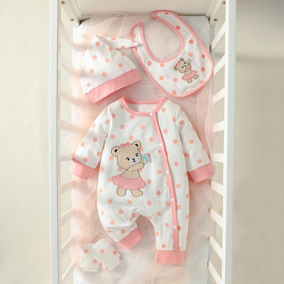 Newborn Baby Girl 4PCS Bear Polka Dot Jumpsuit Set with Hat Bib