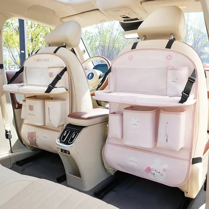 Leather Car Seat Back Organizer Foldable Table Tray Multi Function Storage Anti Kick Pad
