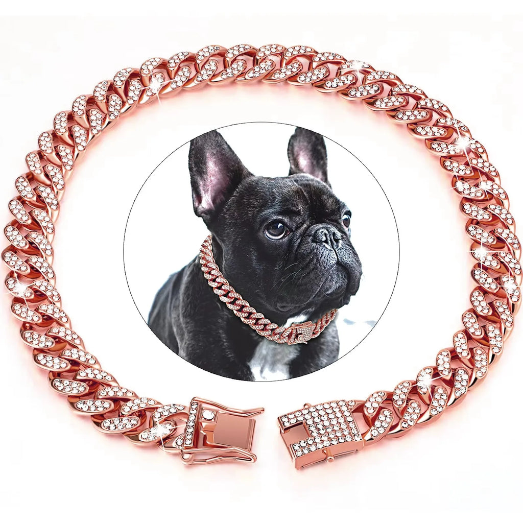 Diamond Cuban Chain Dog Collar Metal Walking Pet Jewelry Secure Buckle Accessories