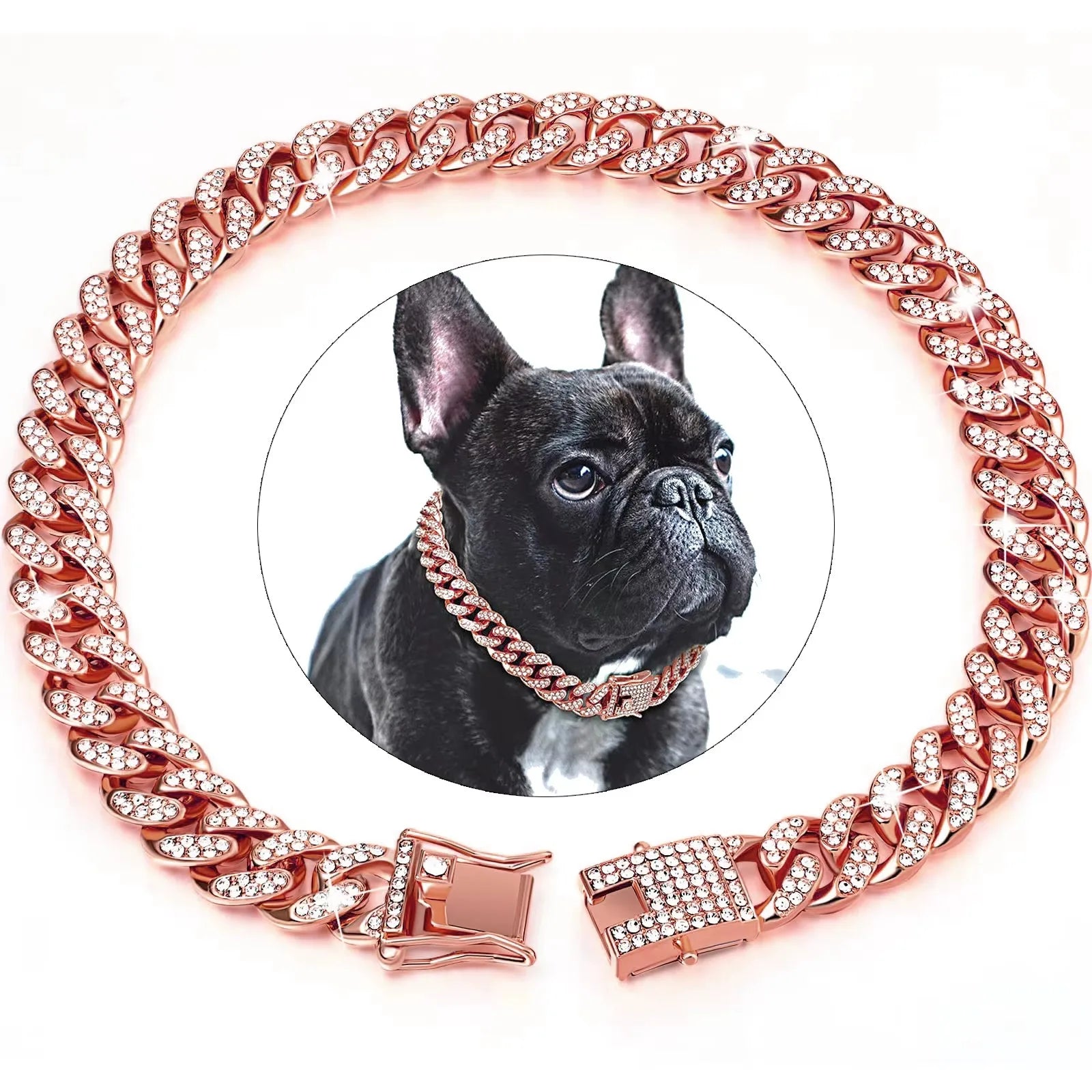 Diamond Cuban Chain Dog Collar Metal Walking Pet Jewelry Secure Buckle Accessories