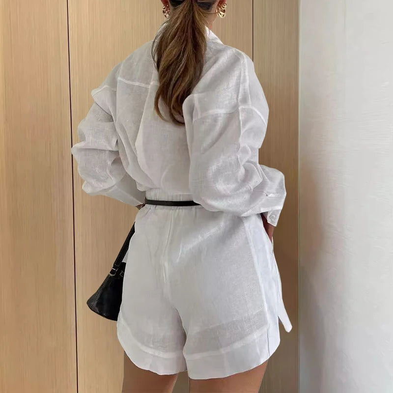 Women Two Piece Summer Set Long Sleeve Shirt and Shorts Casual Button Outfit