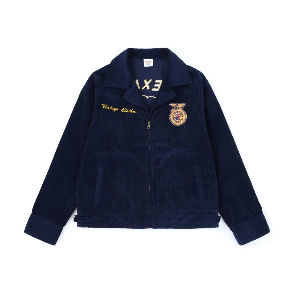 Men Corduroy Bomber Jacket Vintage Detroit Navy Blue Cropped Retro Cotton Workwear Coat Embroidery