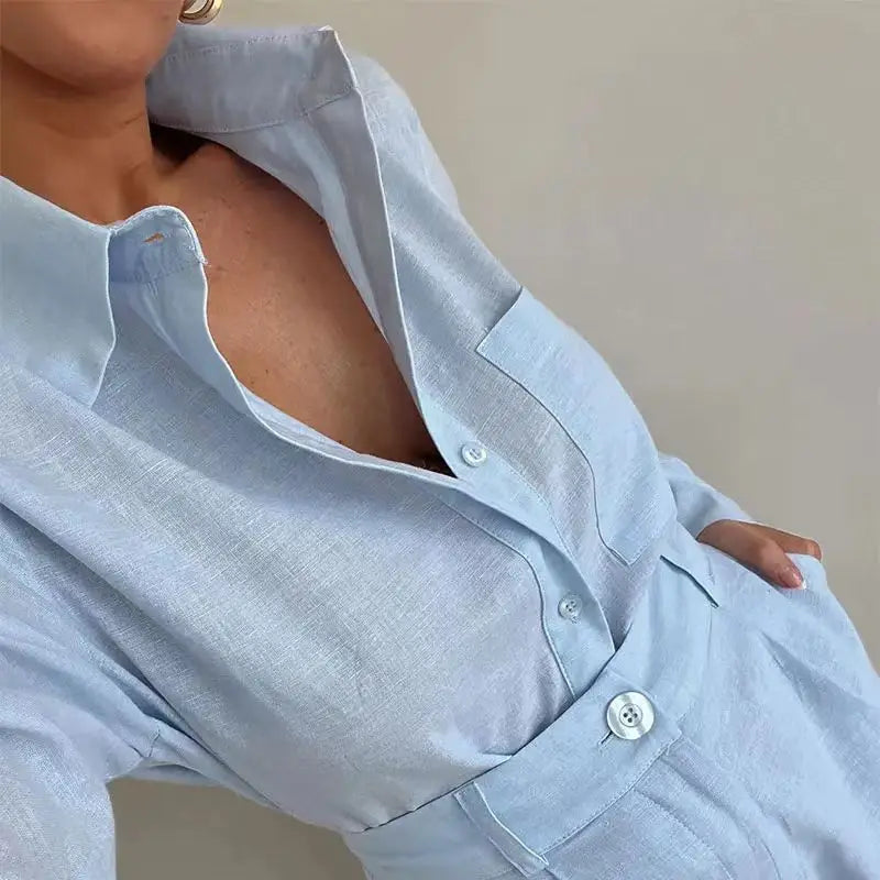 Women Two Piece Summer Set Long Sleeve Shirt and Shorts Casual Button Outfit