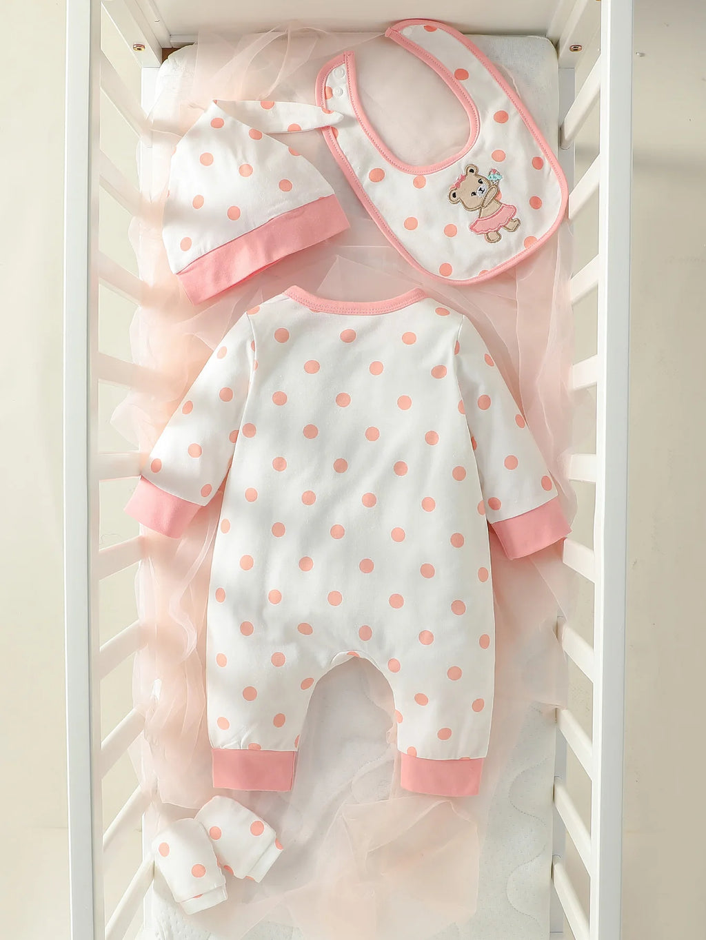 Newborn Baby Girl 4PCS Bear Polka Dot Jumpsuit Set with Hat Bib