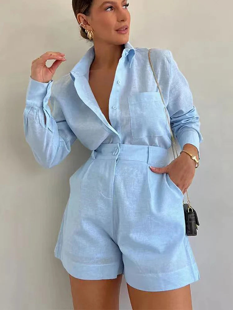 Women Two Piece Summer Set Long Sleeve Shirt and Shorts Casual Button Outfit