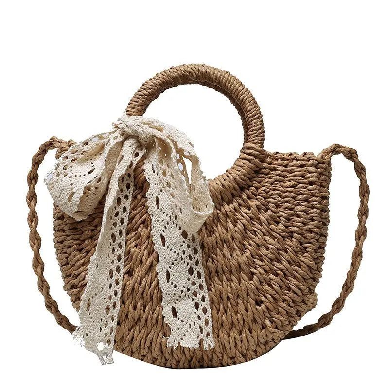Handmade Half Round Straw Bag Woven Rattan Crossbody Beach Handbag for Women