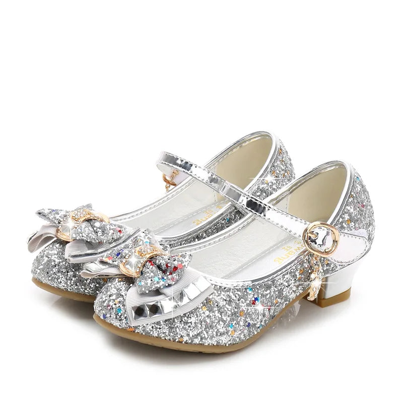 Girls Sequin Princess Party Sandals Peep Toe Summer High Heel Shoes