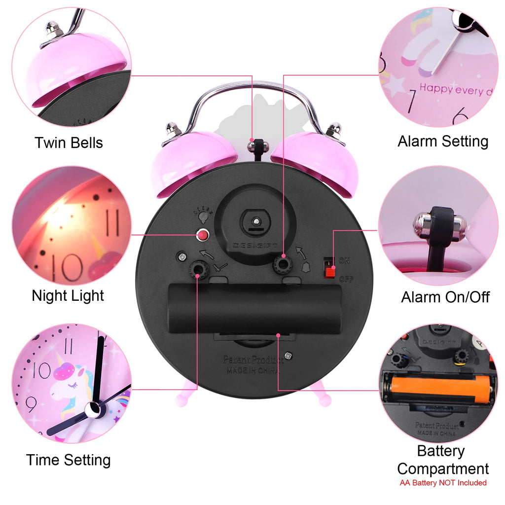 Cute Unicorn Alarm Clock Kids Double Bell Desk Clock with Backlight Cartoon Pink Bedroom Decor Gift
