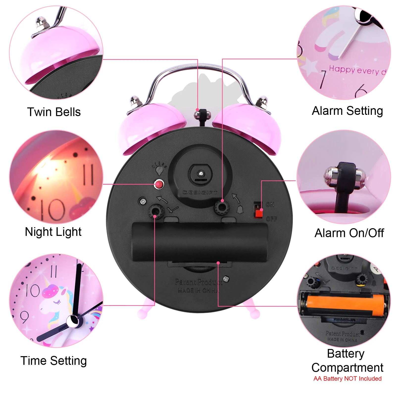 Cute Unicorn Alarm Clock Kids Double Bell Desk Clock with Backlight Cartoon Pink Bedroom Decor Gift