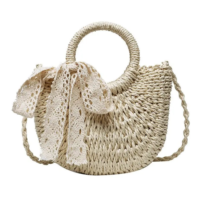 Handmade Half Round Straw Bag Woven Rattan Crossbody Beach Handbag for Women