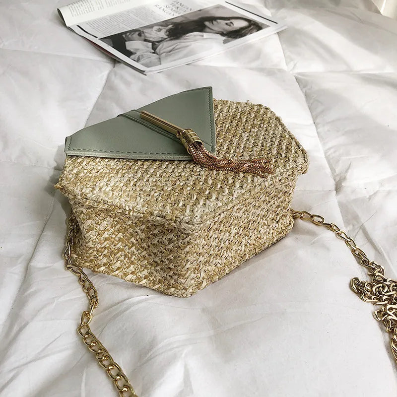 Women Straw Leather Hexagon Woven Beach Shoulder Bag