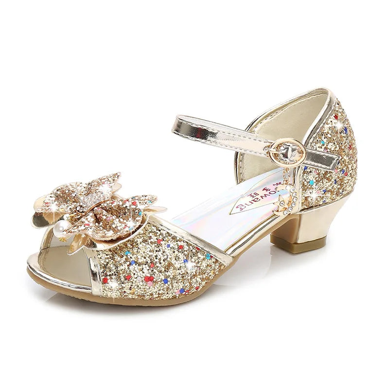 Girls Sequin Princess Party Sandals Peep Toe Summer High Heel Shoes