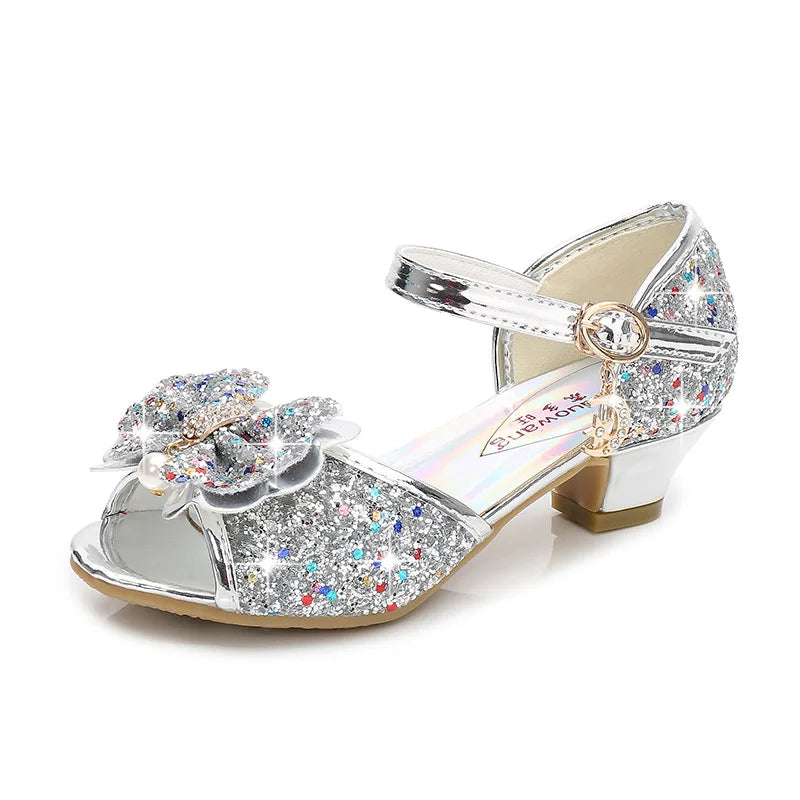 Girls Sequin Princess Party Sandals Peep Toe Summer High Heel Shoes