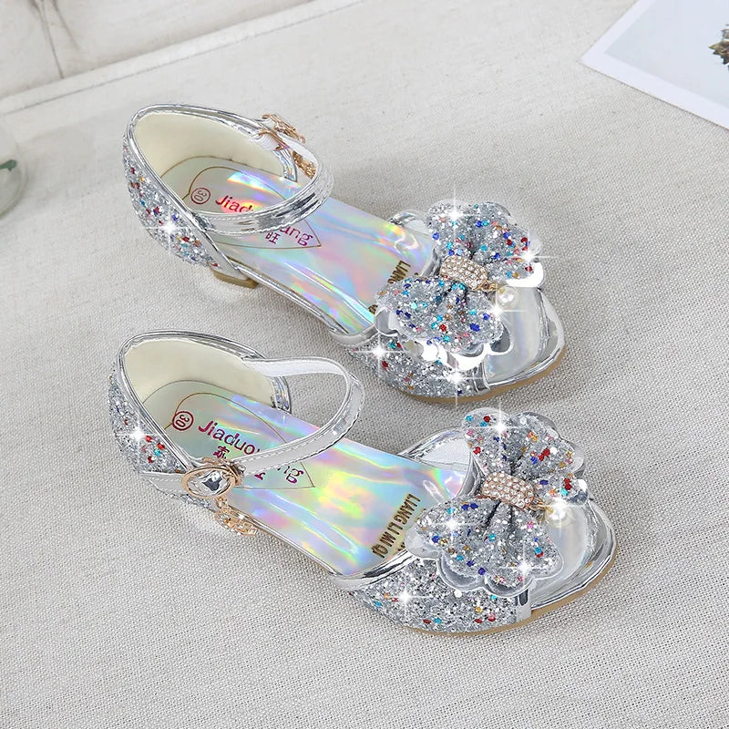 Girls Sequin Princess Party Sandals Peep Toe Summer High Heel Shoes