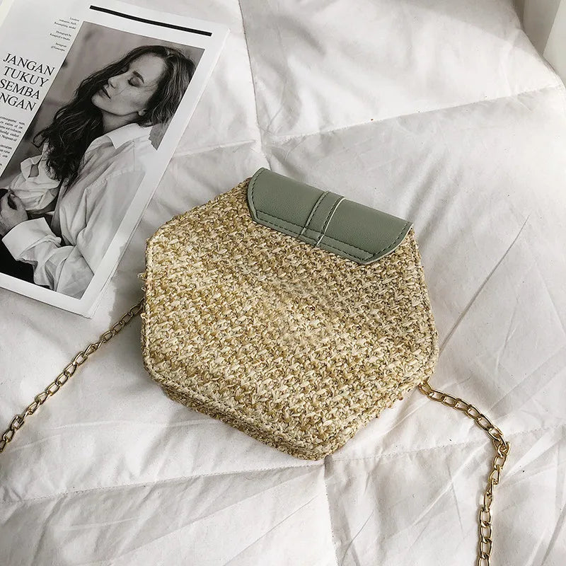 Women Straw Leather Hexagon Woven Beach Shoulder Bag