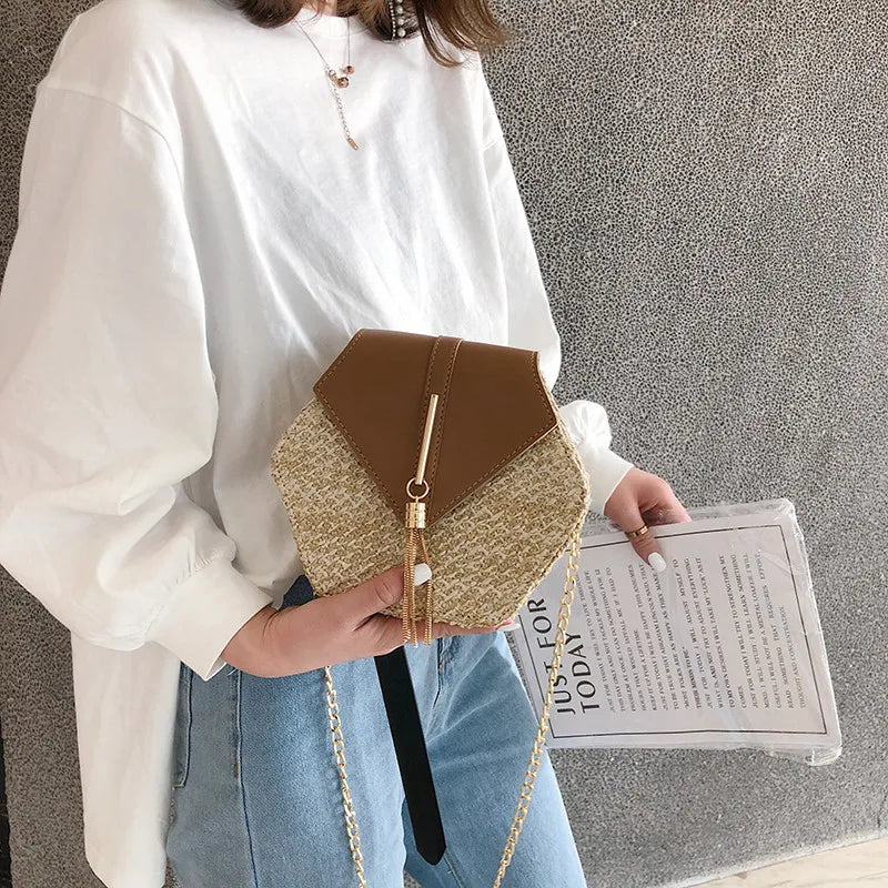 Women Straw Leather Hexagon Woven Beach Shoulder Bag