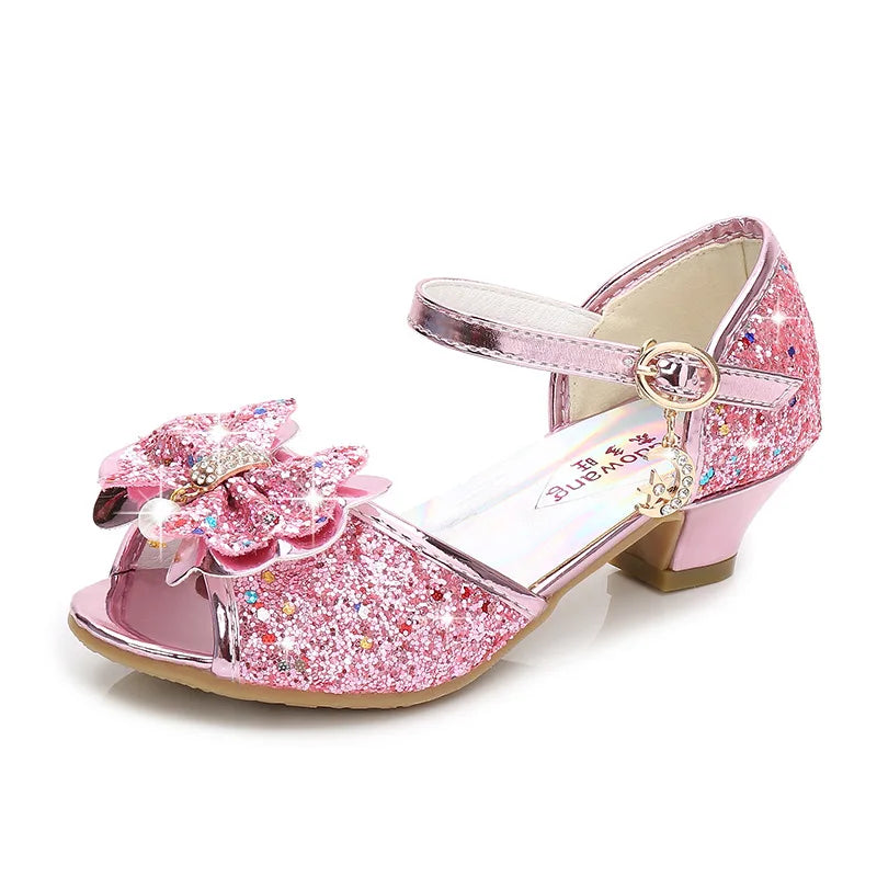 Girls Sequin Princess Party Sandals Peep Toe Summer High Heel Shoes