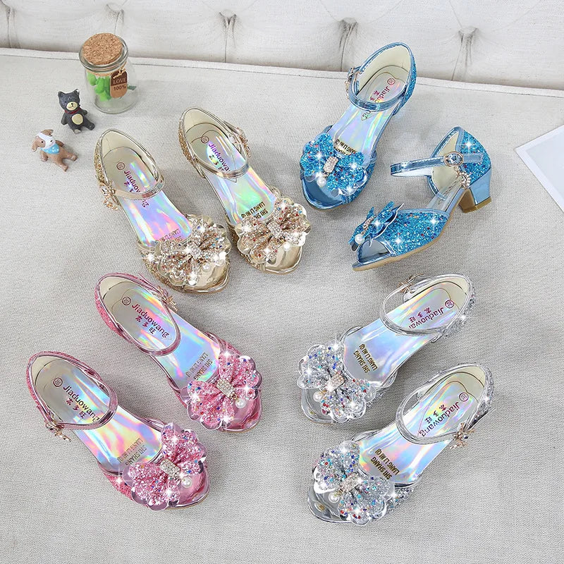 Girls Sequin Princess Party Sandals Peep Toe Summer High Heel Shoes