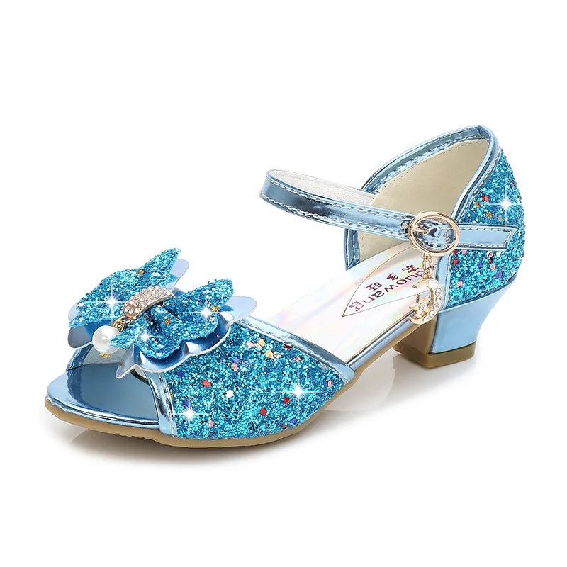 Girls Sequin Princess Party Sandals Peep Toe Summer High Heel Shoes