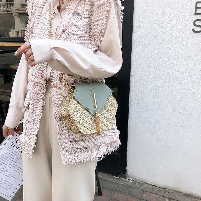 Women Straw Leather Hexagon Woven Beach Shoulder Bag