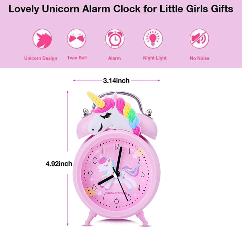 Cute Unicorn Alarm Clock Kids Double Bell Desk Clock with Backlight Cartoon Pink Bedroom Decor Gift
