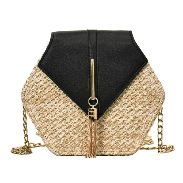Women Straw Leather Hexagon Woven Beach Shoulder Bag