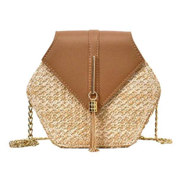 Women Straw Leather Hexagon Woven Beach Shoulder Bag