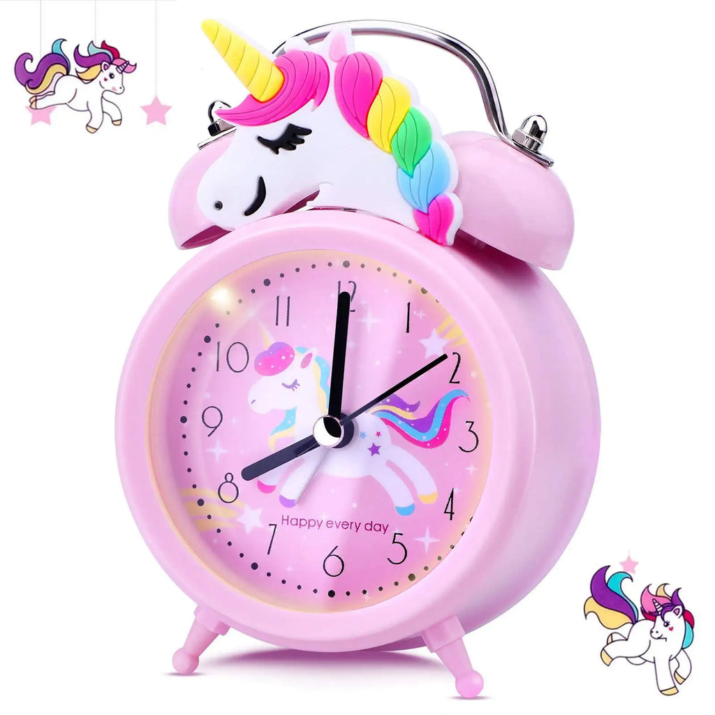 Cute Unicorn Alarm Clock Kids Double Bell Desk Clock with Backlight Cartoon Pink Bedroom Decor Gift