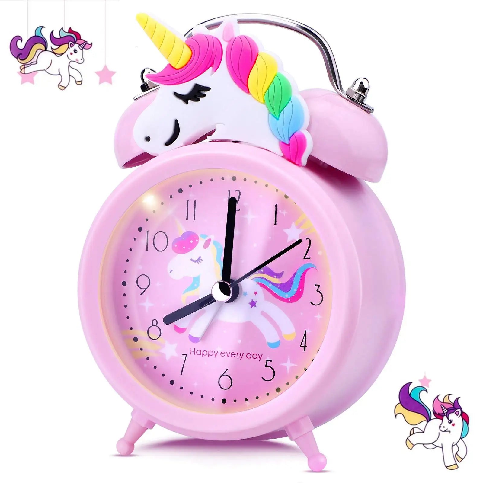 Cute Unicorn Alarm Clock Kids Double Bell Desk Clock with Backlight Cartoon Pink Bedroom Decor Gift