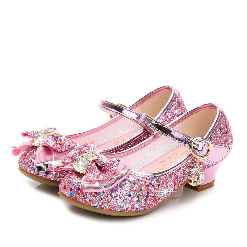 Girls Sequin Princess Party Sandals Peep Toe Summer High Heel Shoes