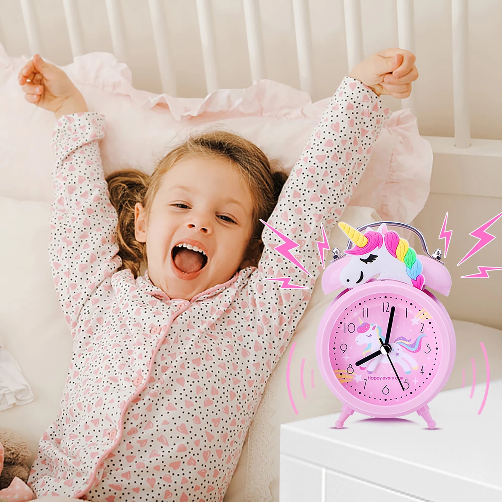 Cute Unicorn Alarm Clock Kids Double Bell Desk Clock with Backlight Cartoon Pink Bedroom Decor Gift