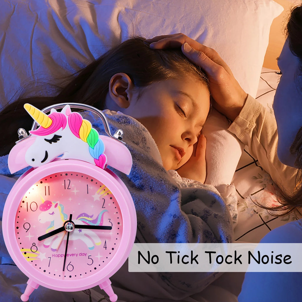 Cute Unicorn Alarm Clock Kids Double Bell Desk Clock with Backlight Cartoon Pink Bedroom Decor Gift