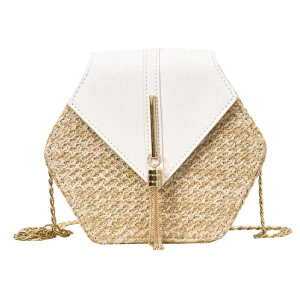 Women Straw Leather Hexagon Woven Beach Shoulder Bag