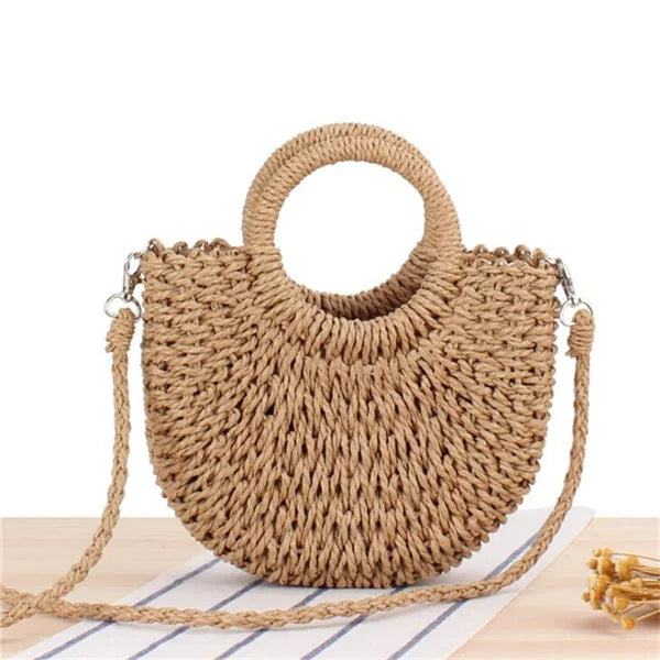Handmade Half Round Straw Bag Woven Rattan Crossbody Beach Handbag for Women