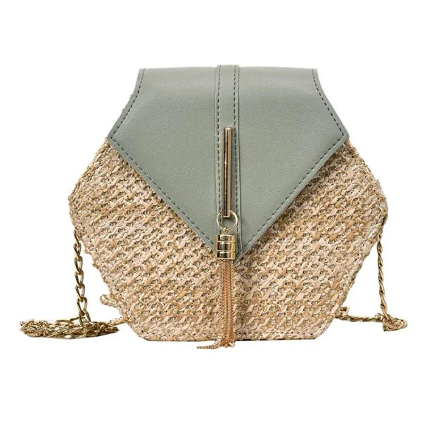 Women Straw Leather Hexagon Woven Beach Shoulder Bag