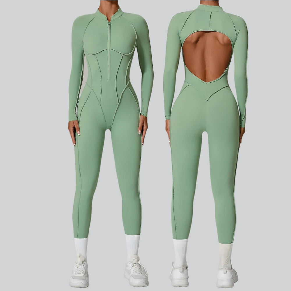 Women Zip Gym Jumpsuit Open Back Yoga Fitness Tracksuit Sports Bodysuit
