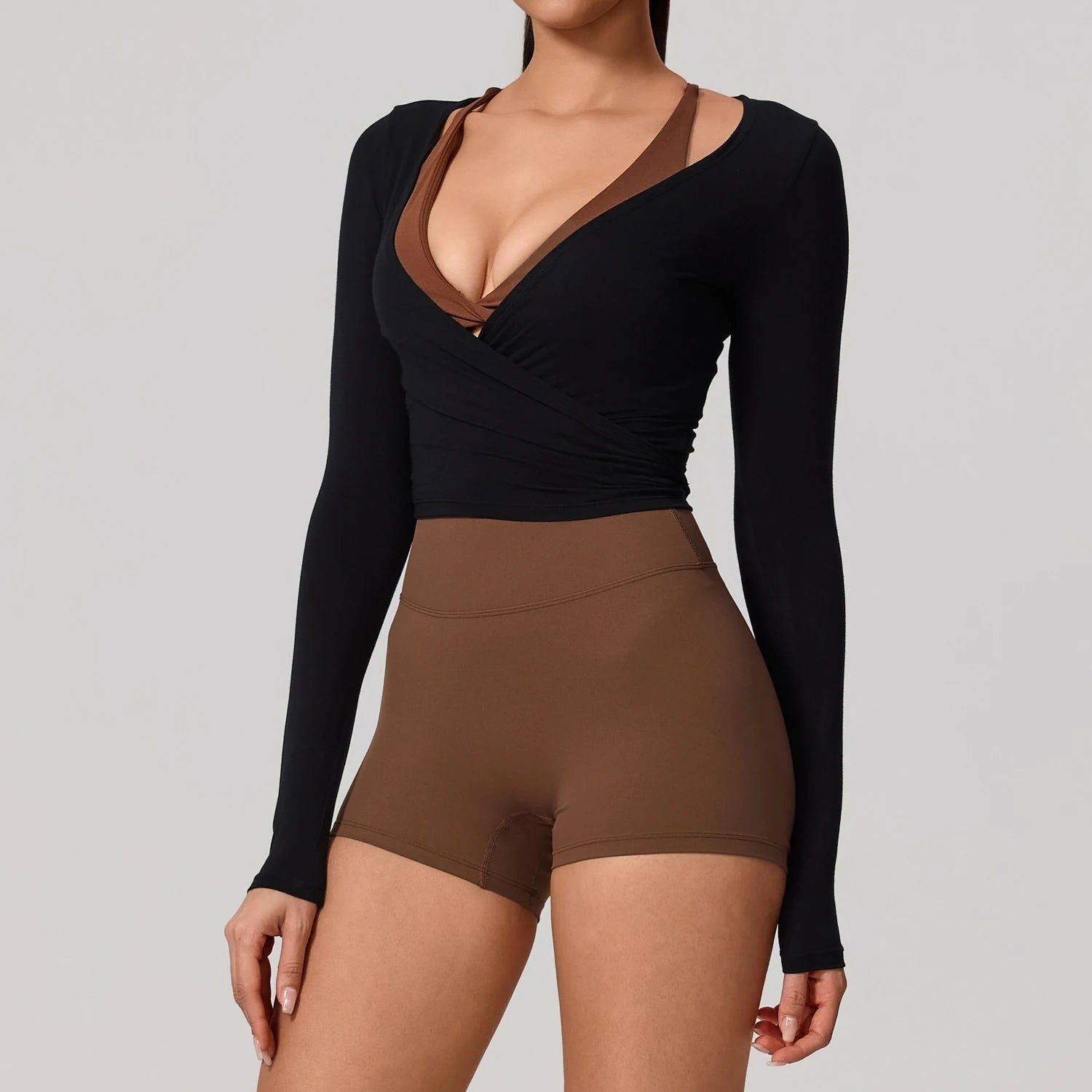Women Yoga Shirt Long Sleeve Sports Top Quick Dry Breathable Gym Pilates Dance Wrap Top