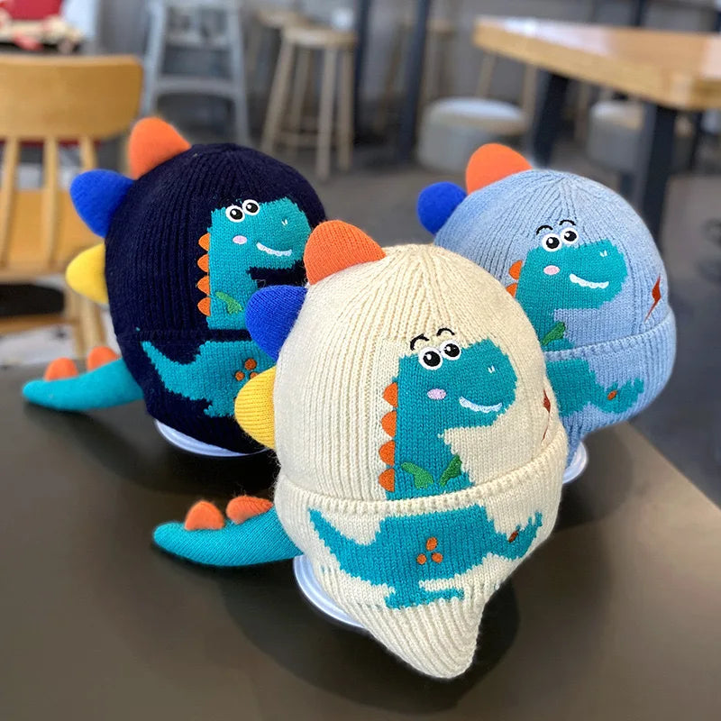 Kids Winter Dinosaur Earmuff Hat Warm Knitted Beanie Toddler Ear Protection Cap