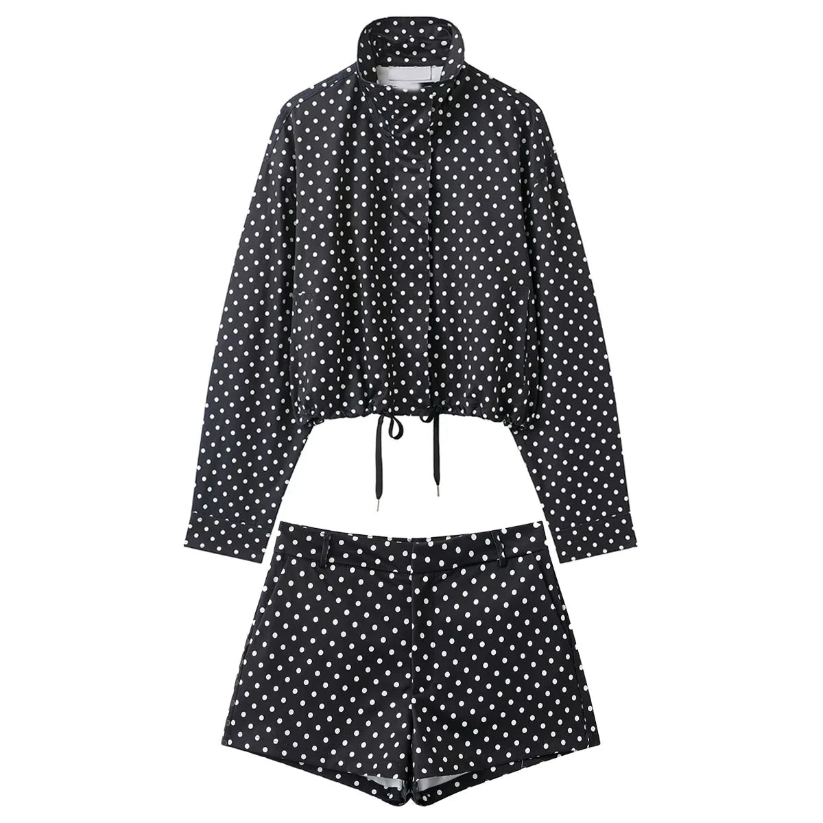 Women Polka Dot Jacket Turtleneck Long Sleeve Casual Coat with Zipper and Pockets