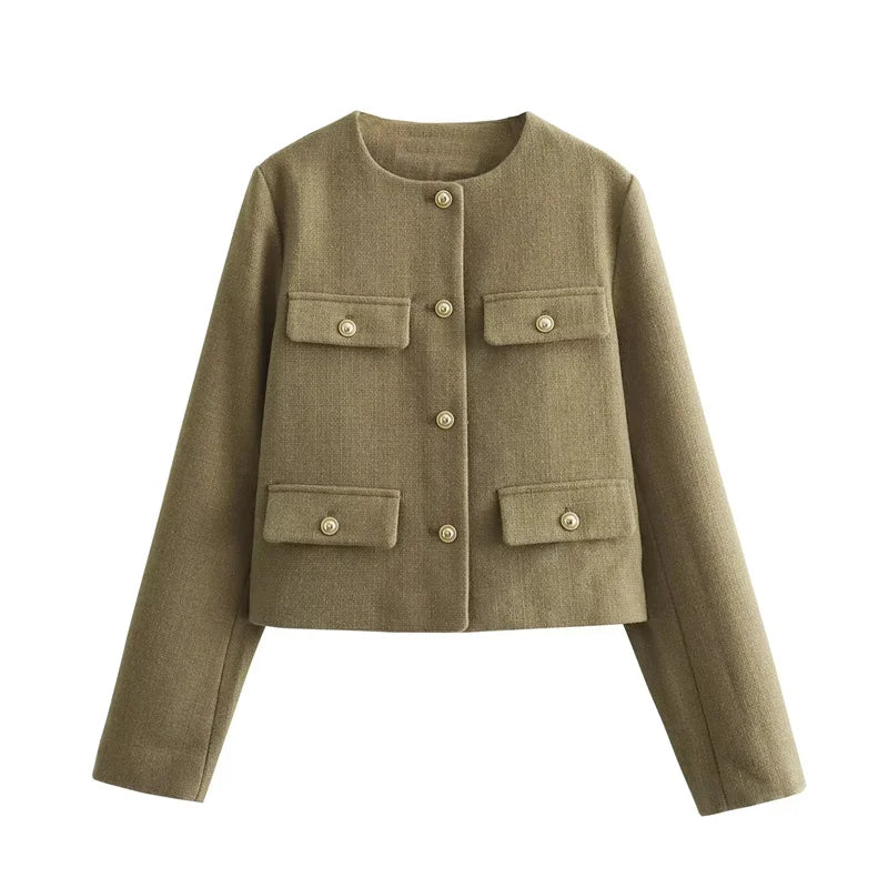Women Tweed Cropped Jacket Vintage Button Long Sleeve Short Coat