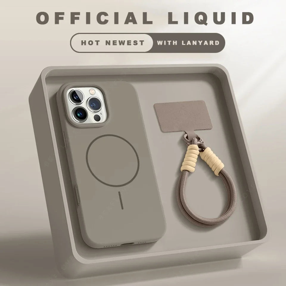 Magnetic Phone Case with Lanyard for iPhone 11–16 Pro Max Silicone MagSafe Strap Shockproof Protective Cover