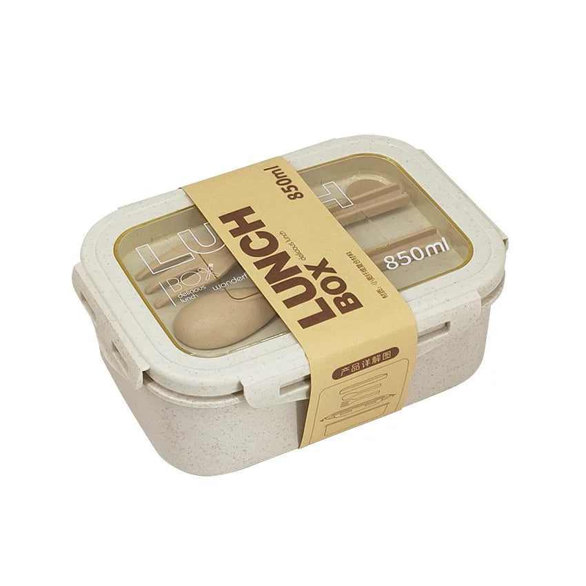 1100ml Lunch Box Bento Box with Spoon & Chopsticks Microwave Safe Wheat Straw Food Container for Kids Adults School Office