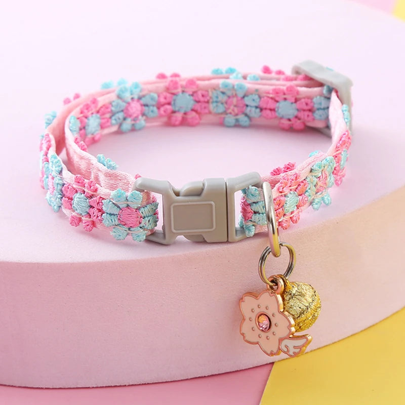 Rainbow Flower Cat Collar with Bell Adjustable Cute Lace Collar for Cats and Puppies