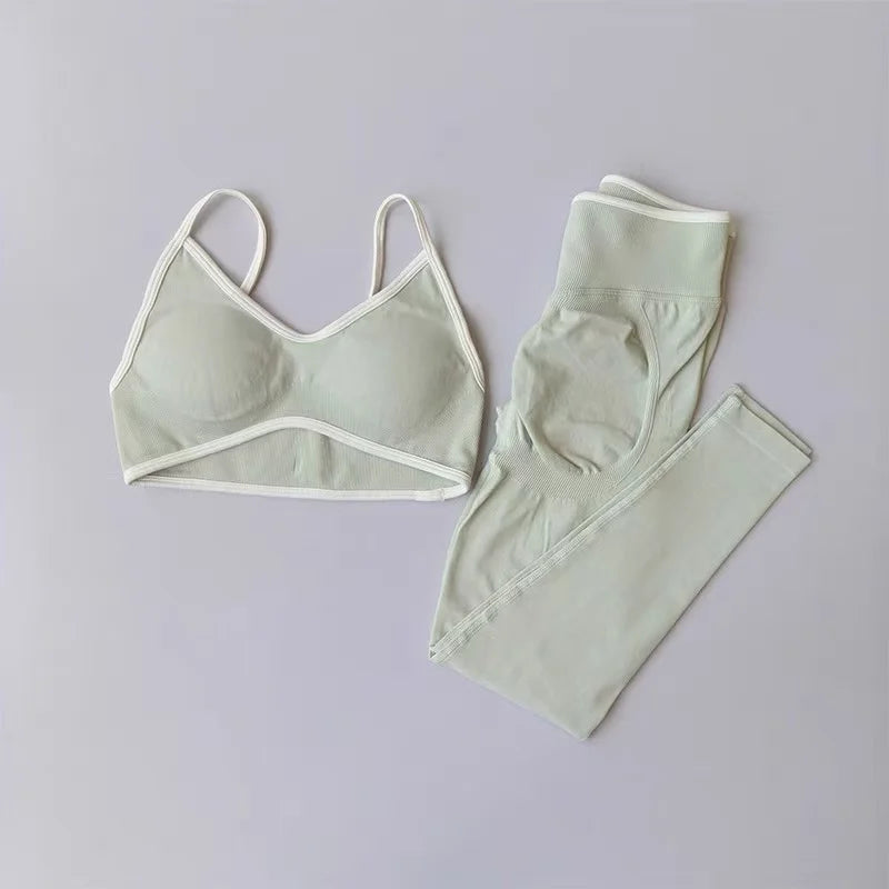 Women Strappy Sports Set Contrast Yoga Suit Shockproof Quick Dry Fitness Pants